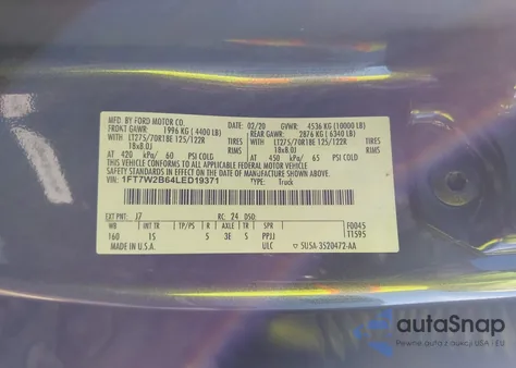 2020 Ford F-250 Xl z USA, uszkodzony, nr VIN 1FT7W2B64LED19371